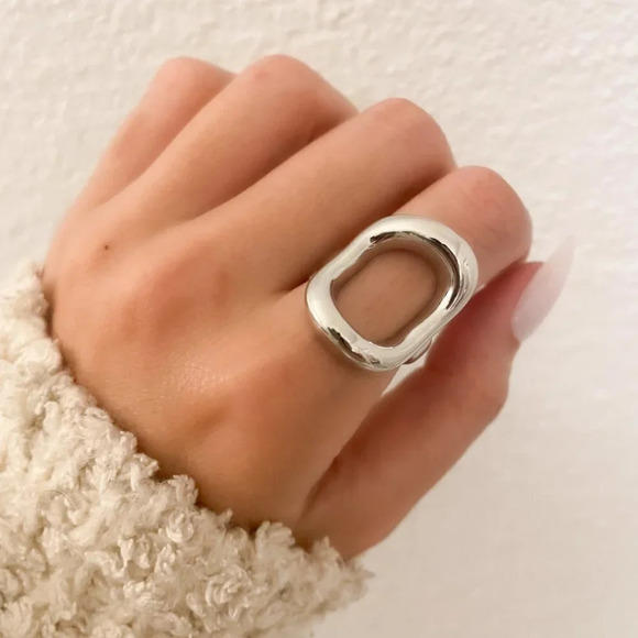 925 Sterling Silver Chunky Ring Thick Bold Ring Oval Ring Circle Geometric Ring - Picture 5 of 8